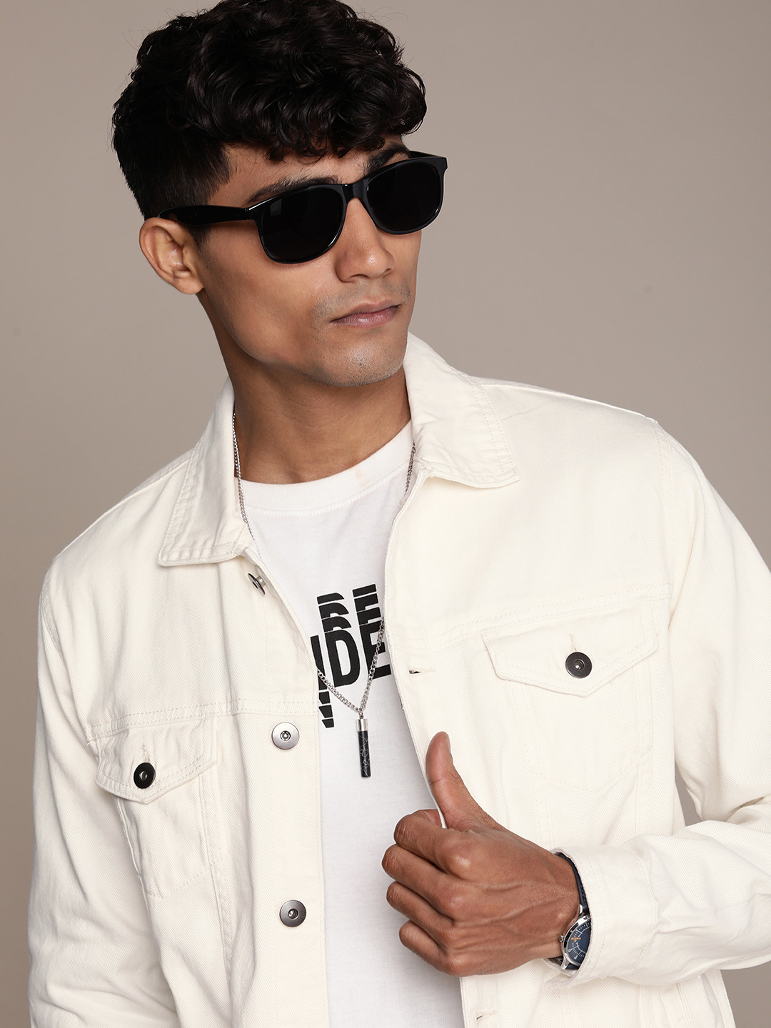 

WROGN Solid Pure Cotton Denim Jacket, Cream