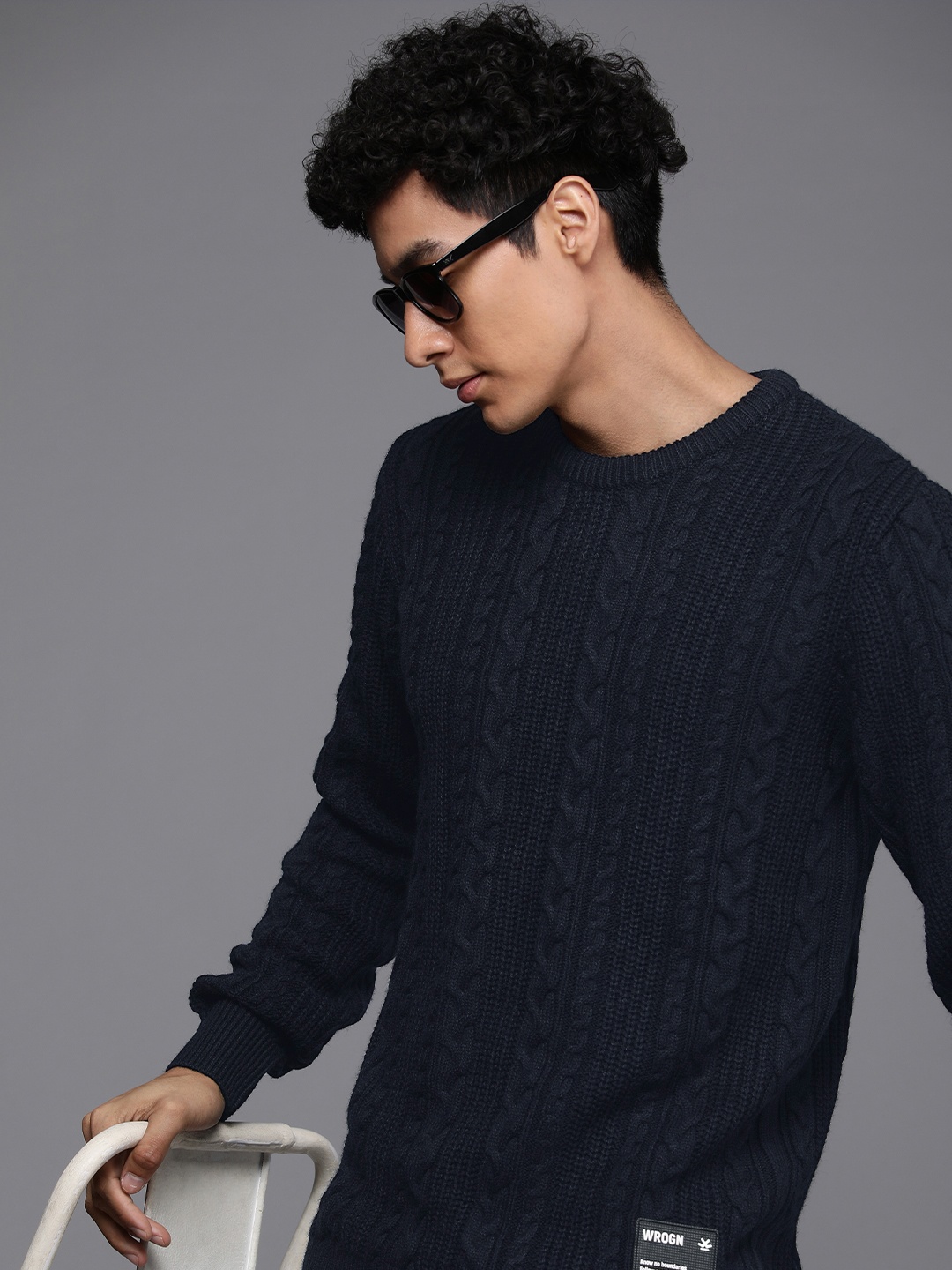 

WROGN Cable Knit Pullover, Navy blue