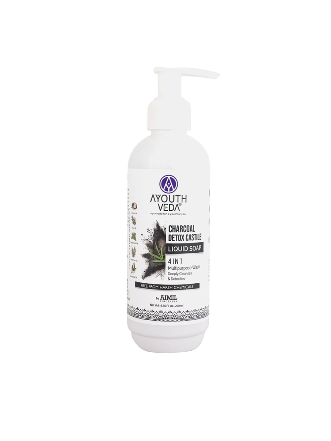 

AYOUTHVEDA 4 In 1 Charcoal Detox Castile Liquid Soap - 200 ml, White