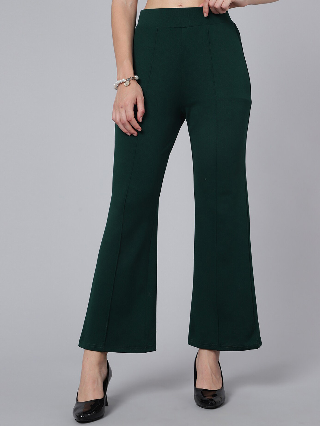 

WESTHOOD Women Relaxed Straight Leg Straight Fit High-Rise Bootcut Trousers, Green