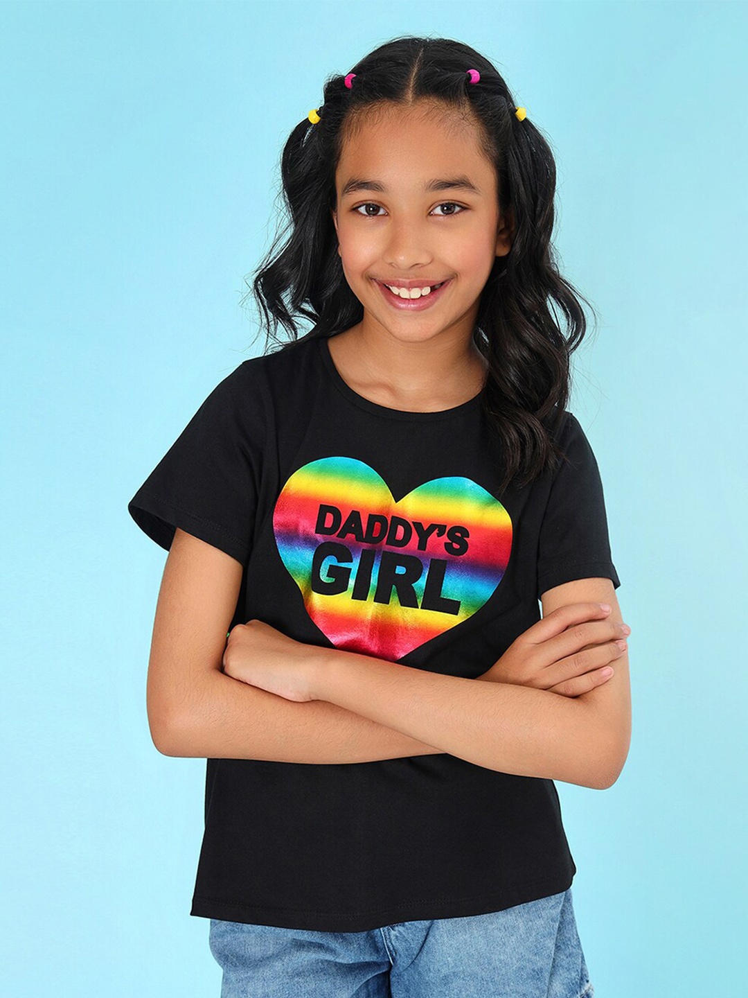 

BONKIDS Girls Typography Printed Cotton T-shirt, Black
