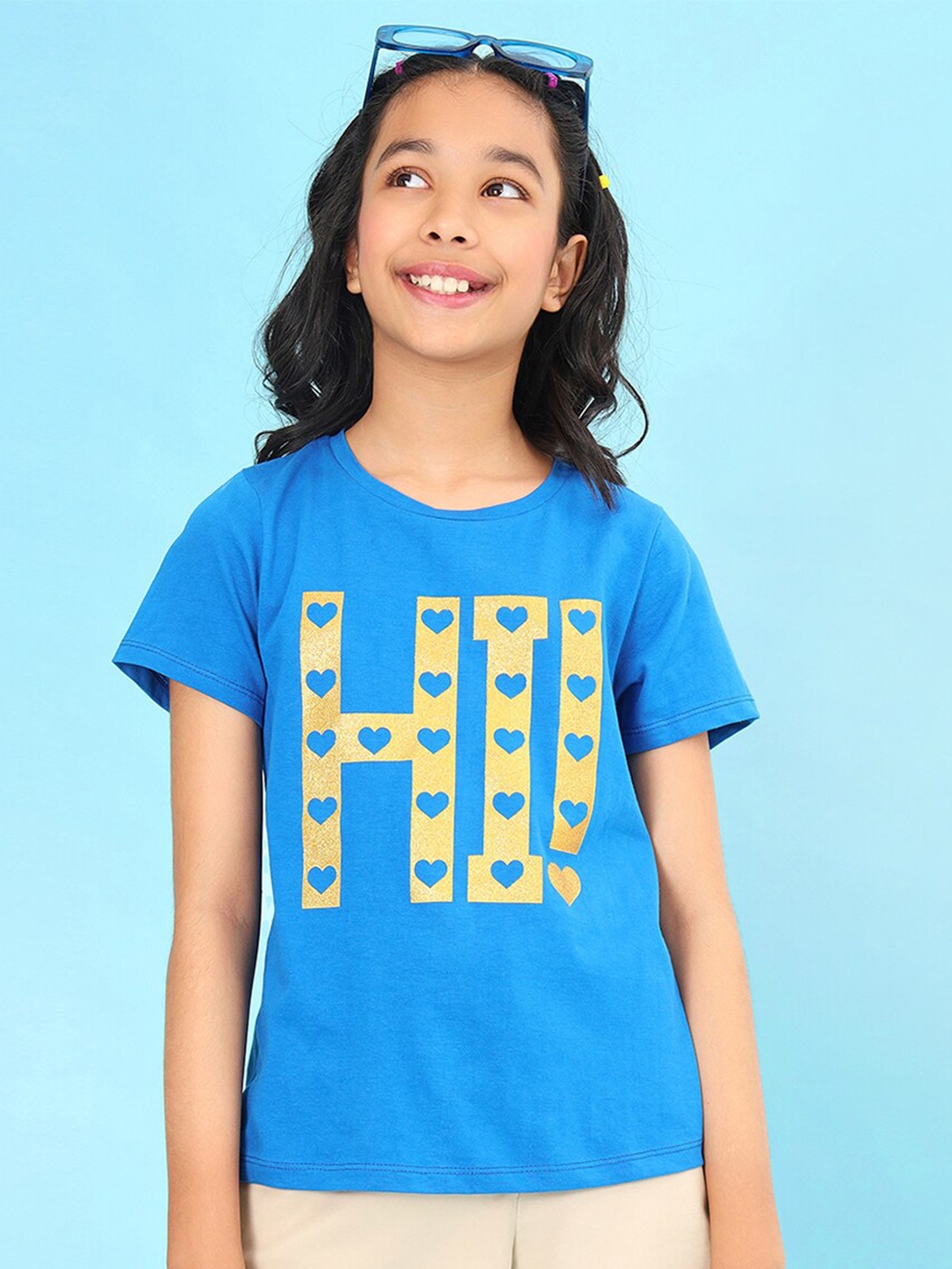 

BONKIDS Girls Typography Printed Cotton T-shirt, Blue