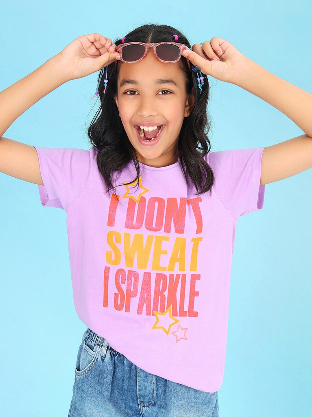 

BONKIDS Girls Typography Printed Cotton T-shirt, Lavender