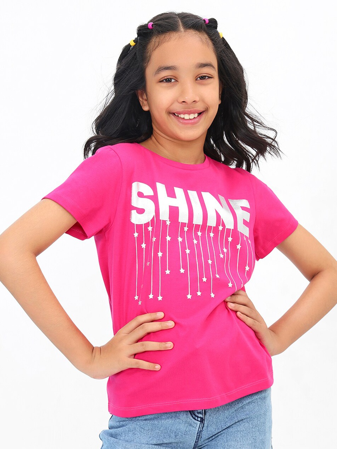 

BONKIDS Girls Typography Printed Cotton T-shirt, Pink