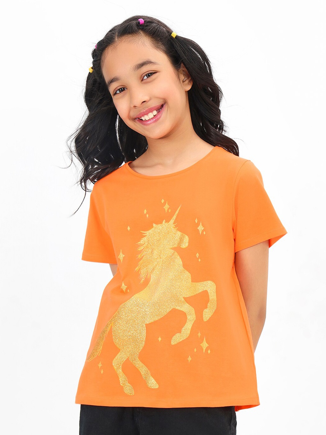 

BONKIDS Girls Graphic Printed Cotton T-shirt, Orange
