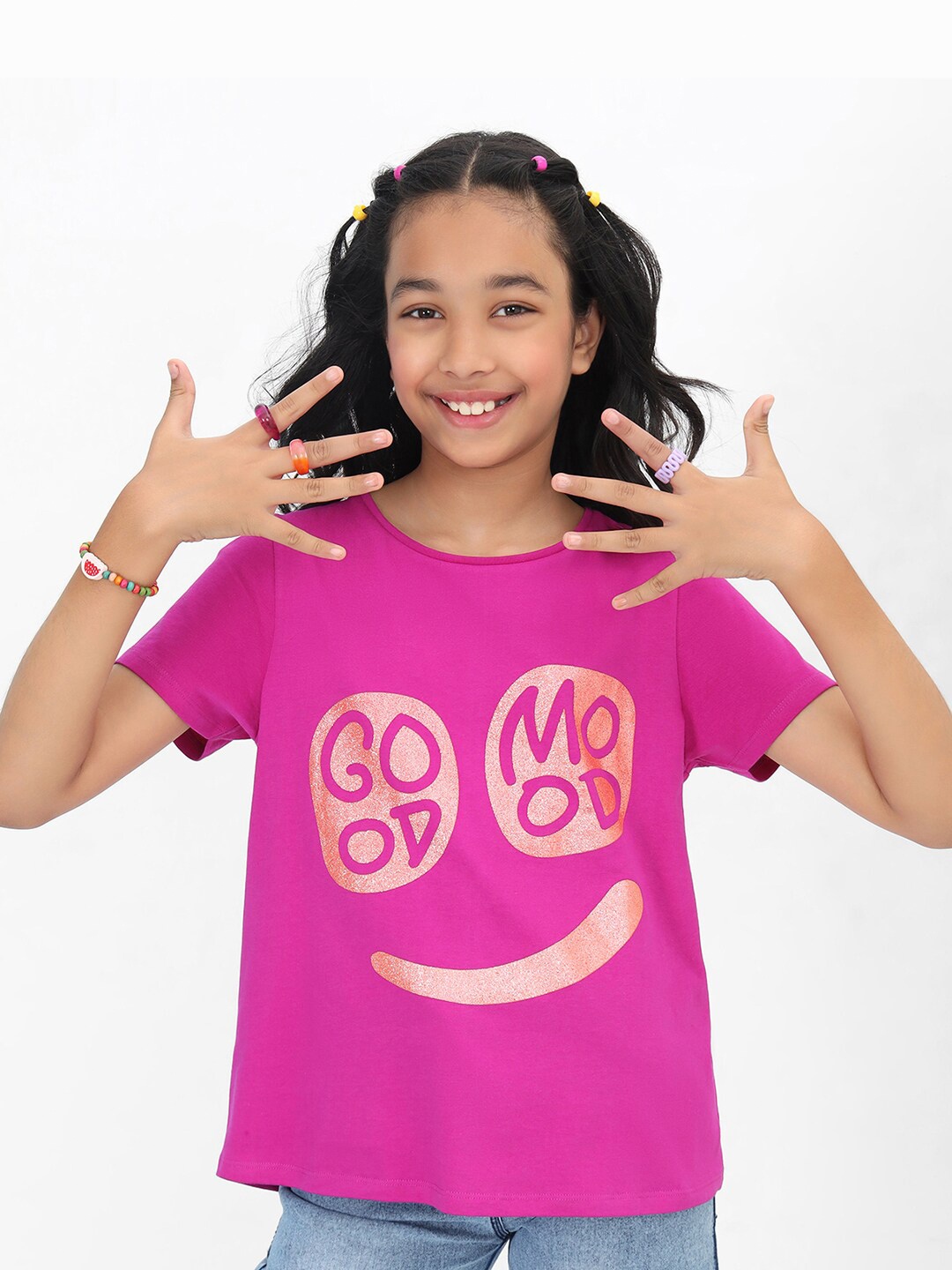 

BONKIDS Girls Typography Printed Cotton T-shirt, Pink
