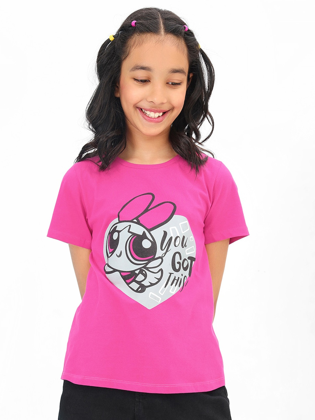 

BONKIDS Girls Powerpuff Girls Printed Cotton T-shirt, Pink