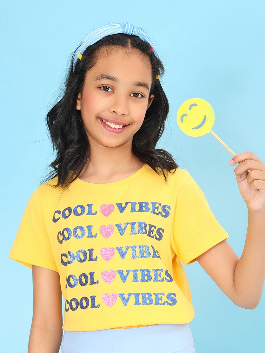

BONKIDS Girls Typography Printed Cotton T-shirt, Yellow