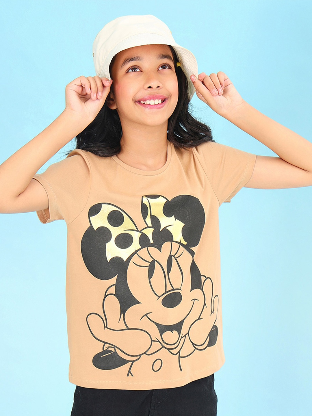 

BONKIDS Girls Mickey Mouse Printed Cotton T-shirt, Khaki