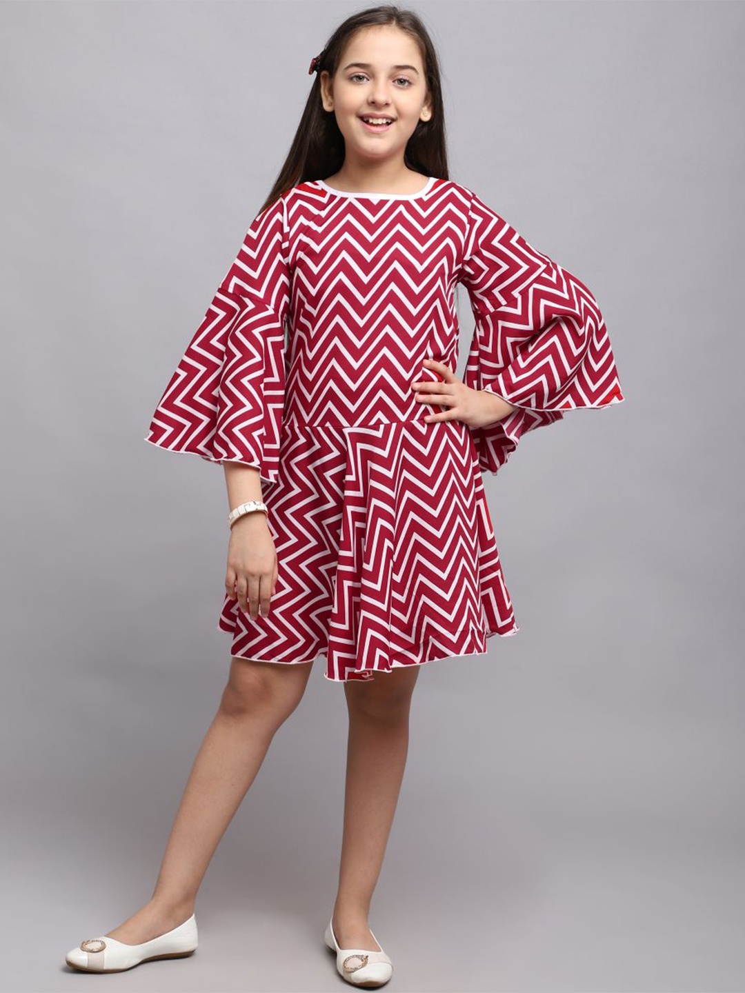 

White World Girls Chevron Printed Bell Sleeves A-Line Dress, Maroon