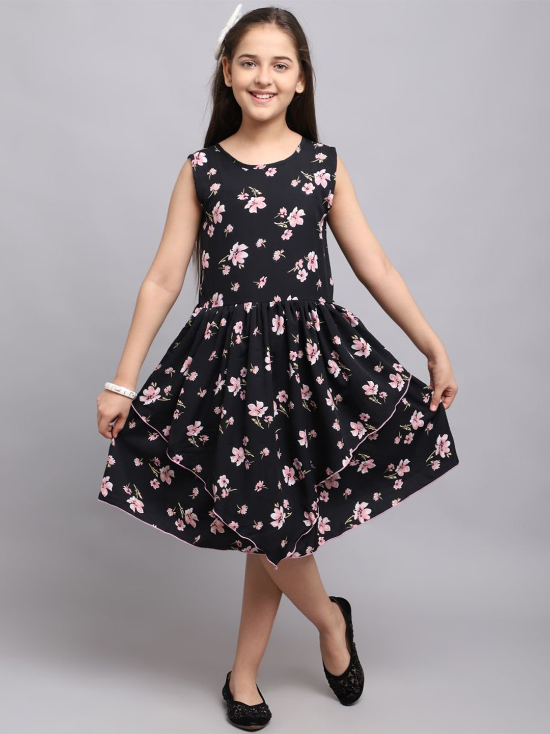 

White World Girls Gathered Floral Print Layered Fit & Flare Dress, Black