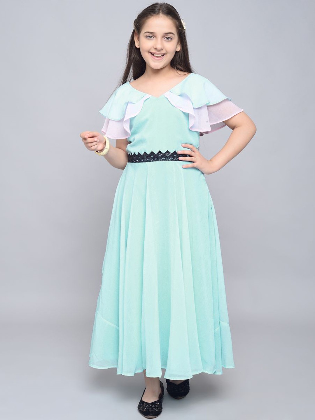 

White World Girls Gathered Lace-Up V-Neck Cape Sleeves Maxi Dress, Turquoise blue