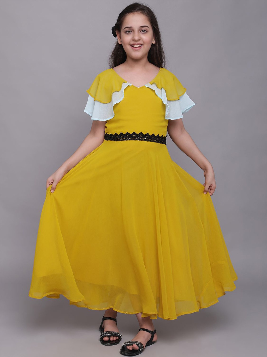 

White World Girls Gathered Lace-Up V-Neck Cape Sleeves Maxi Dress, Yellow