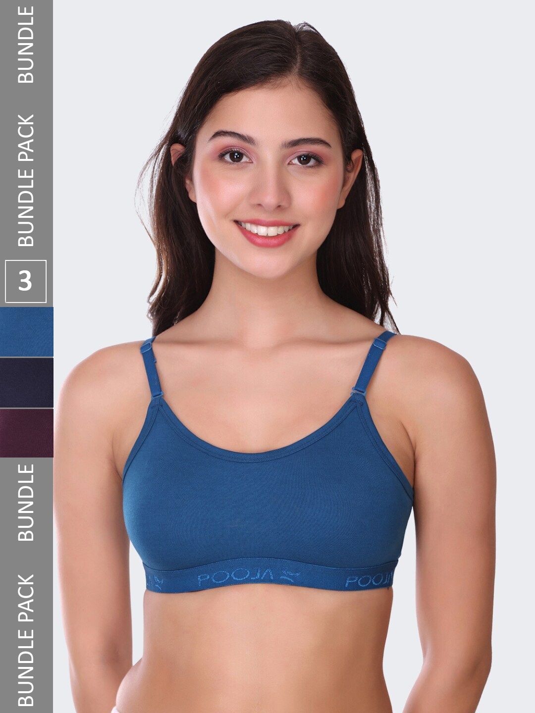

POOJA RAGENEE Pack Of 3 Seamless Full Coverage All Day Comfort Non-Padded Sports Bra, Blue