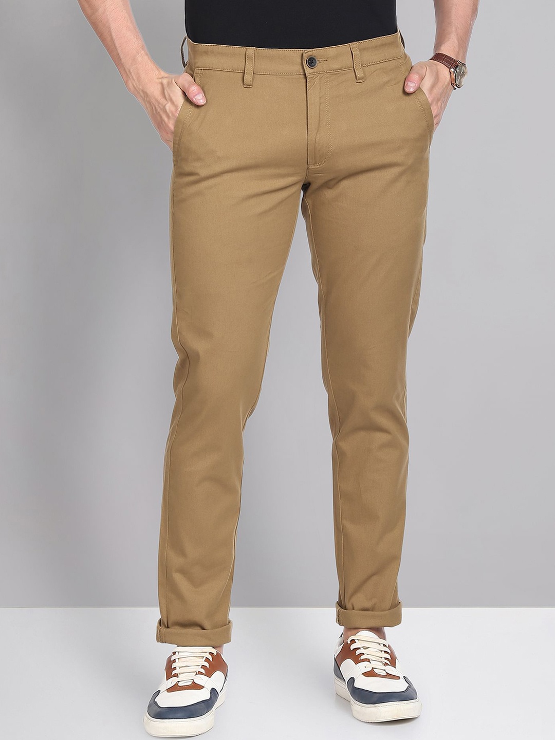 

AD By Arvind Modern Slim Fit Smart Waist Solid Chinos, Brown