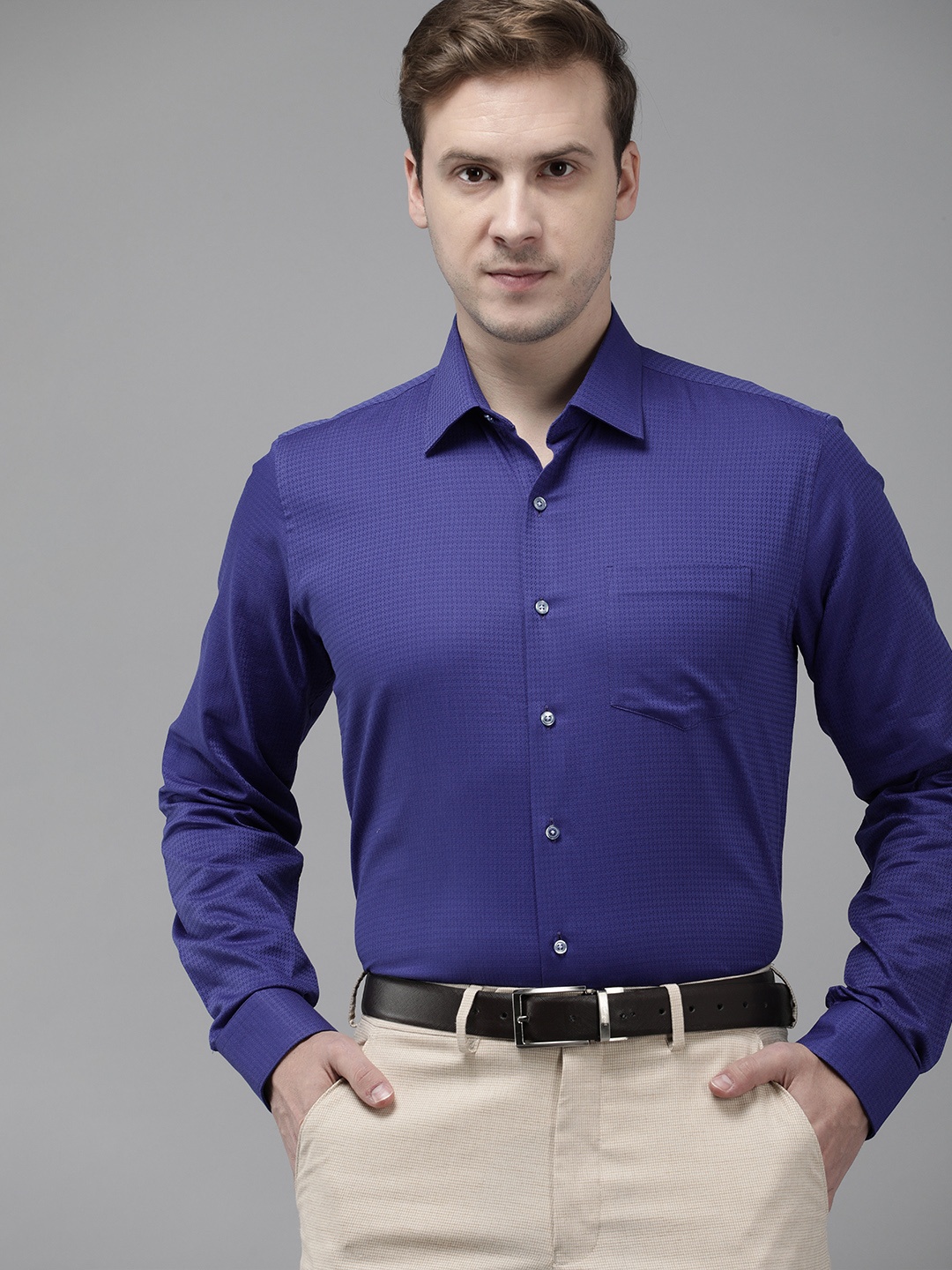 

Van Heusen Pure Cotton Self Design Textured Slim Fit Formal Shirt, Blue