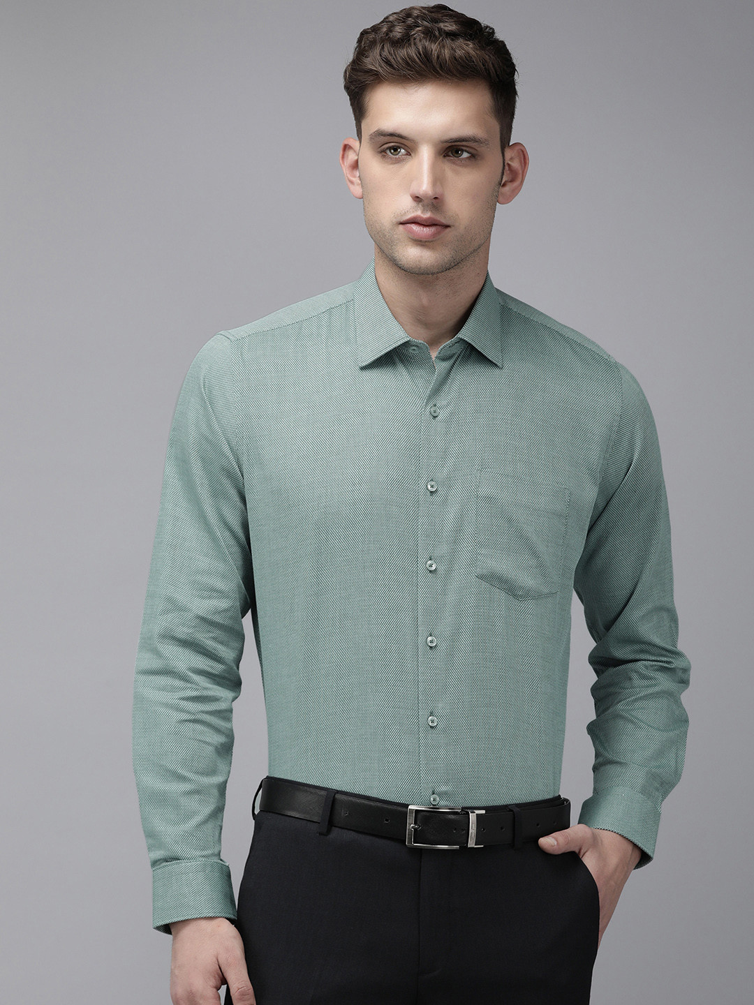 

Van Heusen Textured Slim Fit Pure Cotton Formal Shirt, Green