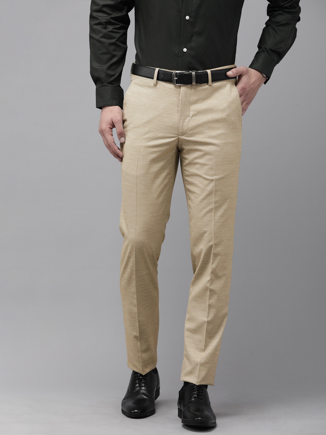 

Van Heusen Men Mid-Rise Textured Slim Fit Trousers, Khaki