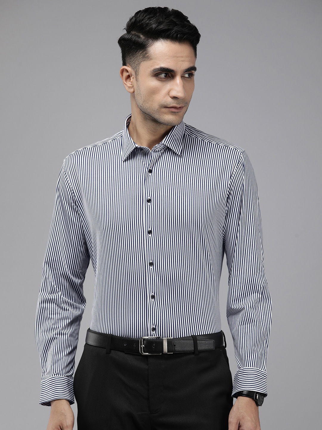 

Van Heusen Pure Cotton Slim Fit Opaque Striped Formal Shirt, Navy blue