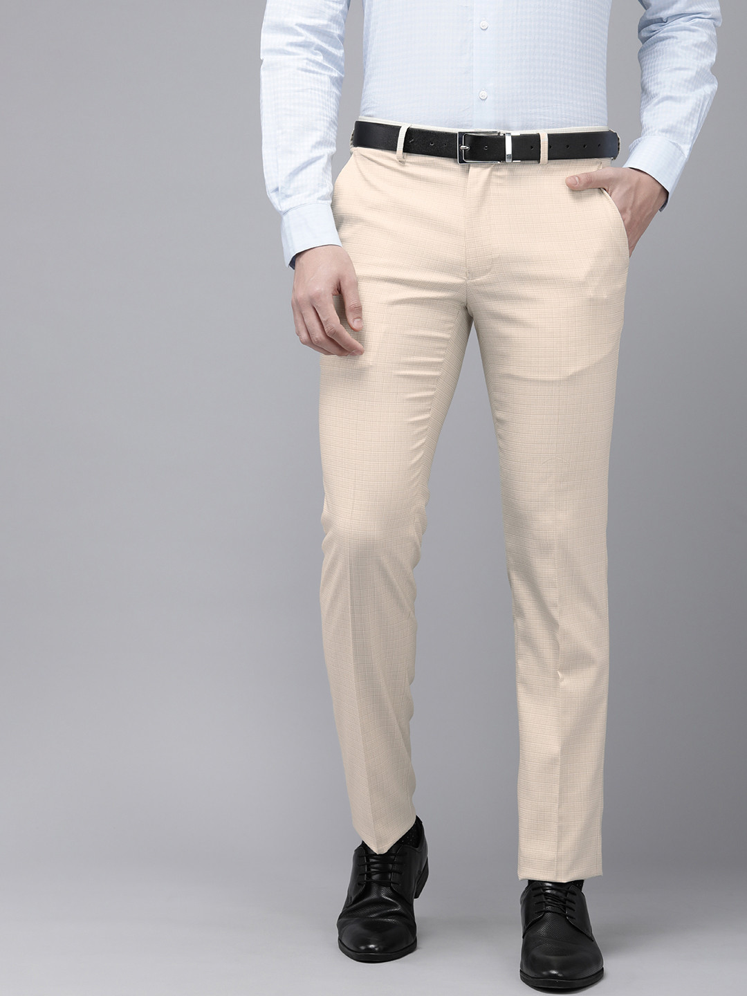 

Van Heusen Men Checked Slim Fit Mid-Rise Formal Trousers, Beige