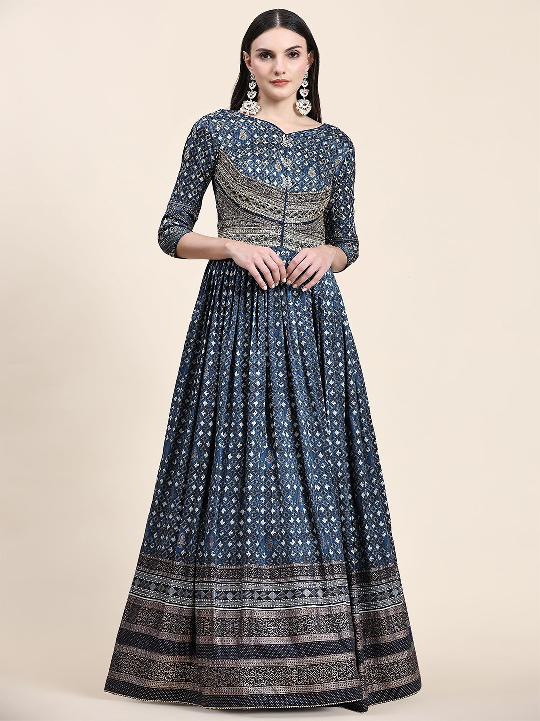 

Phenav Ethnic Motifs Printed Embellished Silk Empire Ethnic Dress With Dupatta, Navy blue