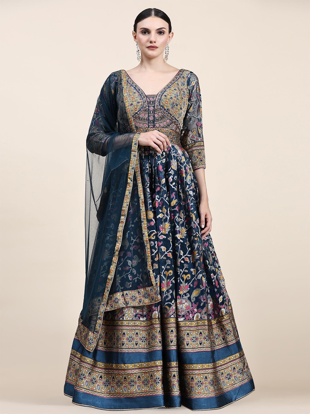 

Phenav Ethnic Motifs Zari Border Ikat Silk Saree with Blouse, Blue