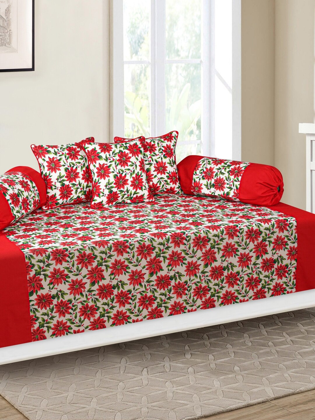 

SHADES of LIFE White & Red 8-Pieces Printed Cotton Diwan Set
