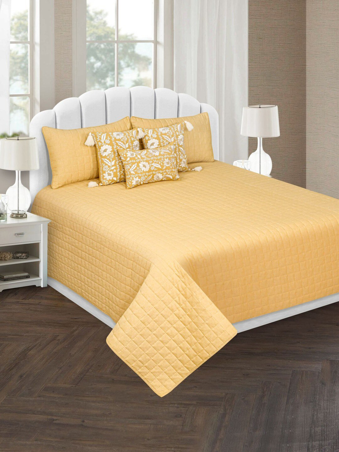 

SHADES of LIFE Quilted Bedcover With 2 Pillows & 2 Cushion Covers, Yellow