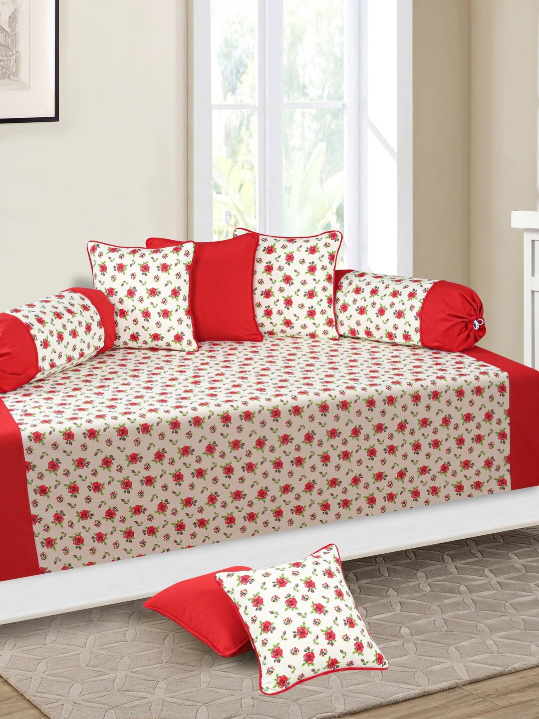 

SHADES of LIFE White & Red 8-Pieces Printed Cotton Diwan Set