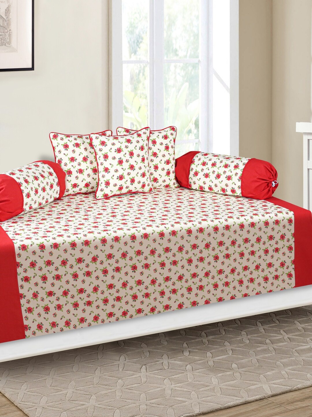 

SHADES of LIFE White & Red 8-Pieces Floral Printed Cotton Diwan Set