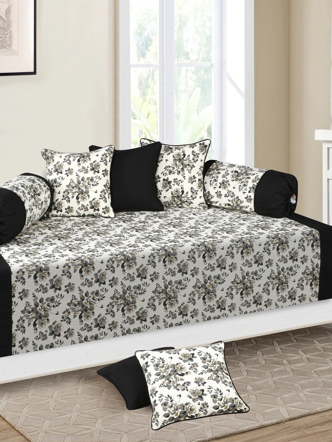 

SHADES of LIFE 8-Pcs White & Grey Printed Cotton Diwan Set