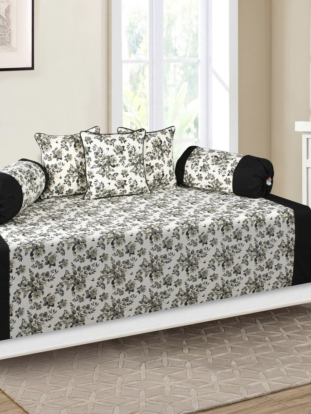 

SHADES of LIFE 6-Pcs White & Grey Printed Cotton Diwan Set