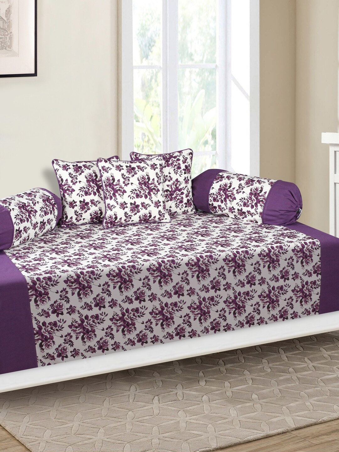 

SHADES of LIFE 6-Pcs White & Purple Floral Printed Cotton Diwan Set