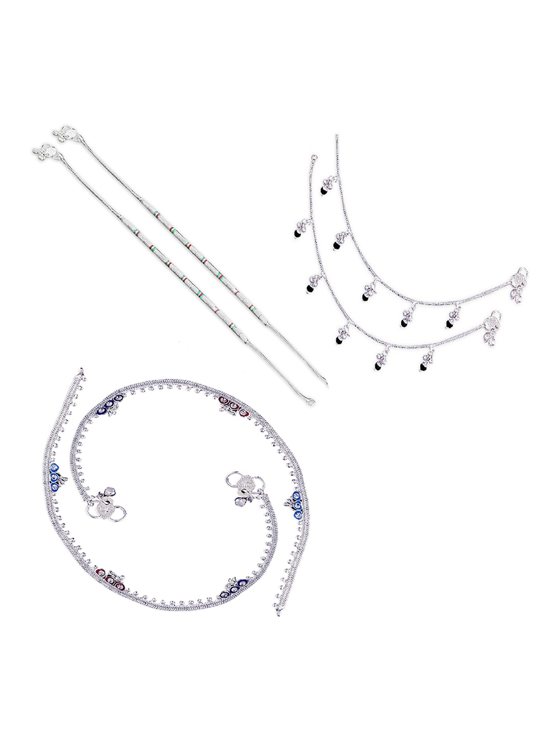 

RUHI COLLECTION Set of 3 Silver-Plated Artificial Beaded Anklets