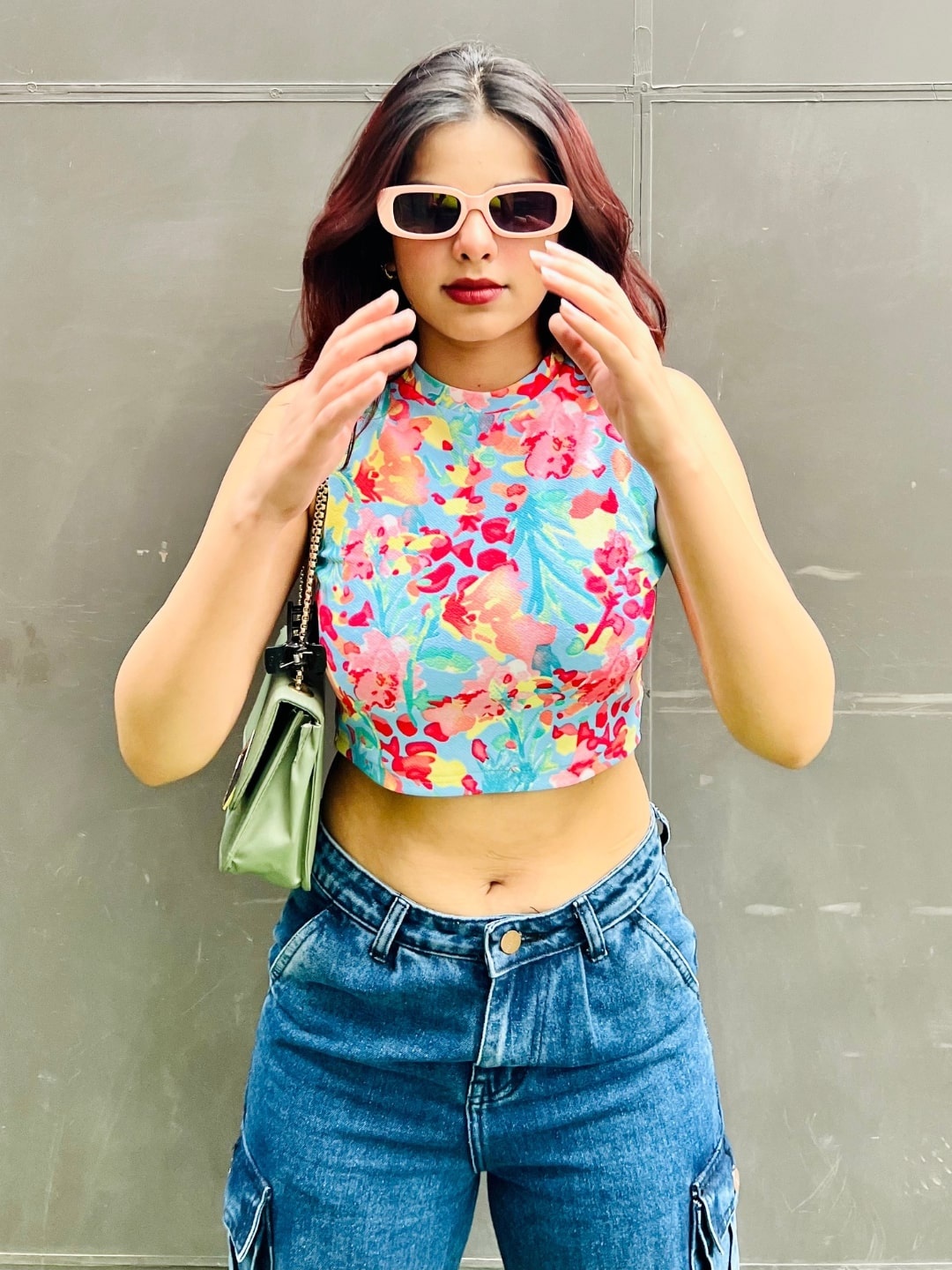 

Uptownie Lite Floral Printed High Neck Sleeveless Cotton Crop Top, Blue