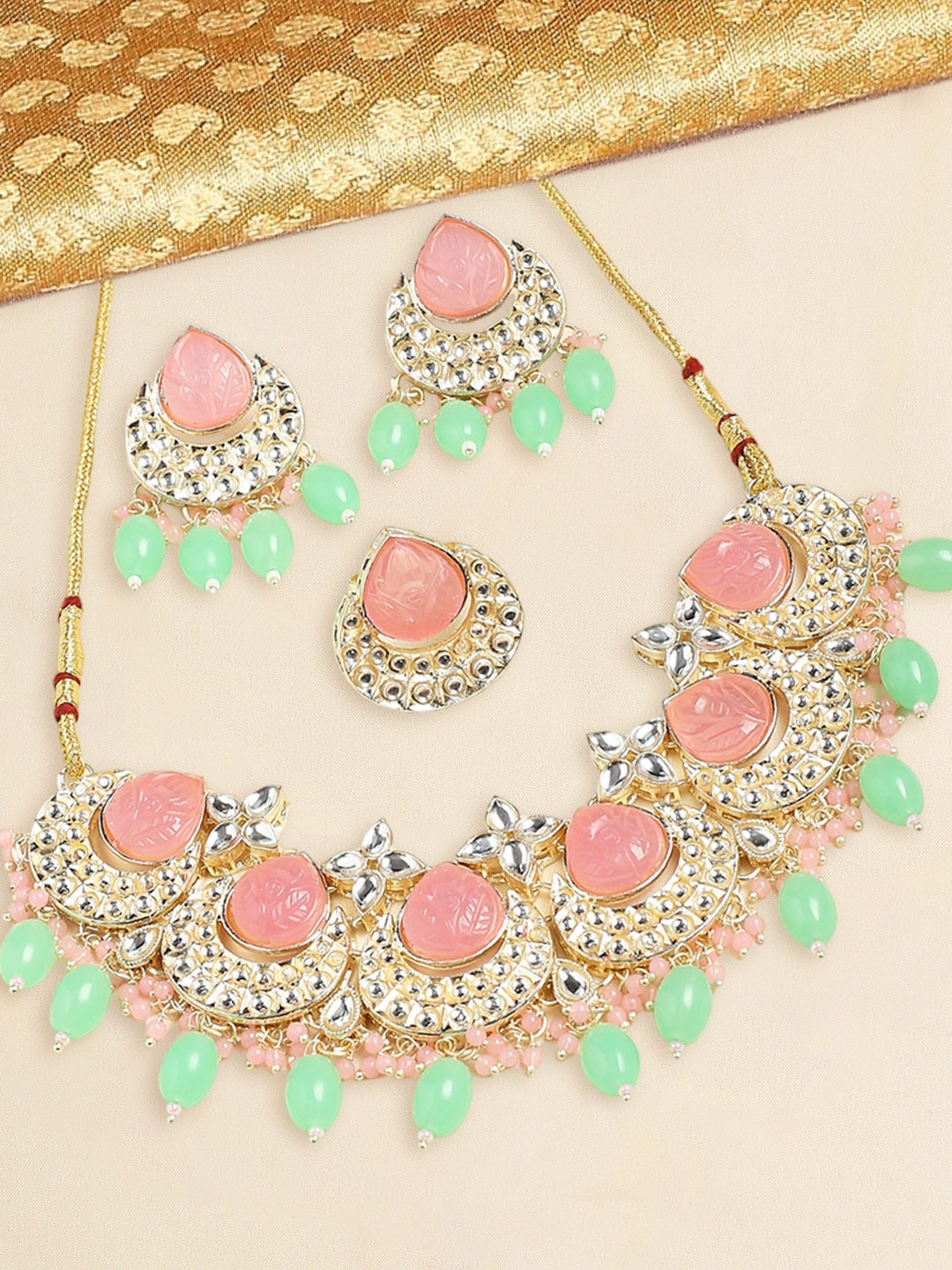 

OOMPH Kundan-Studded & Beaded Jewellery Set With Ring, Gold