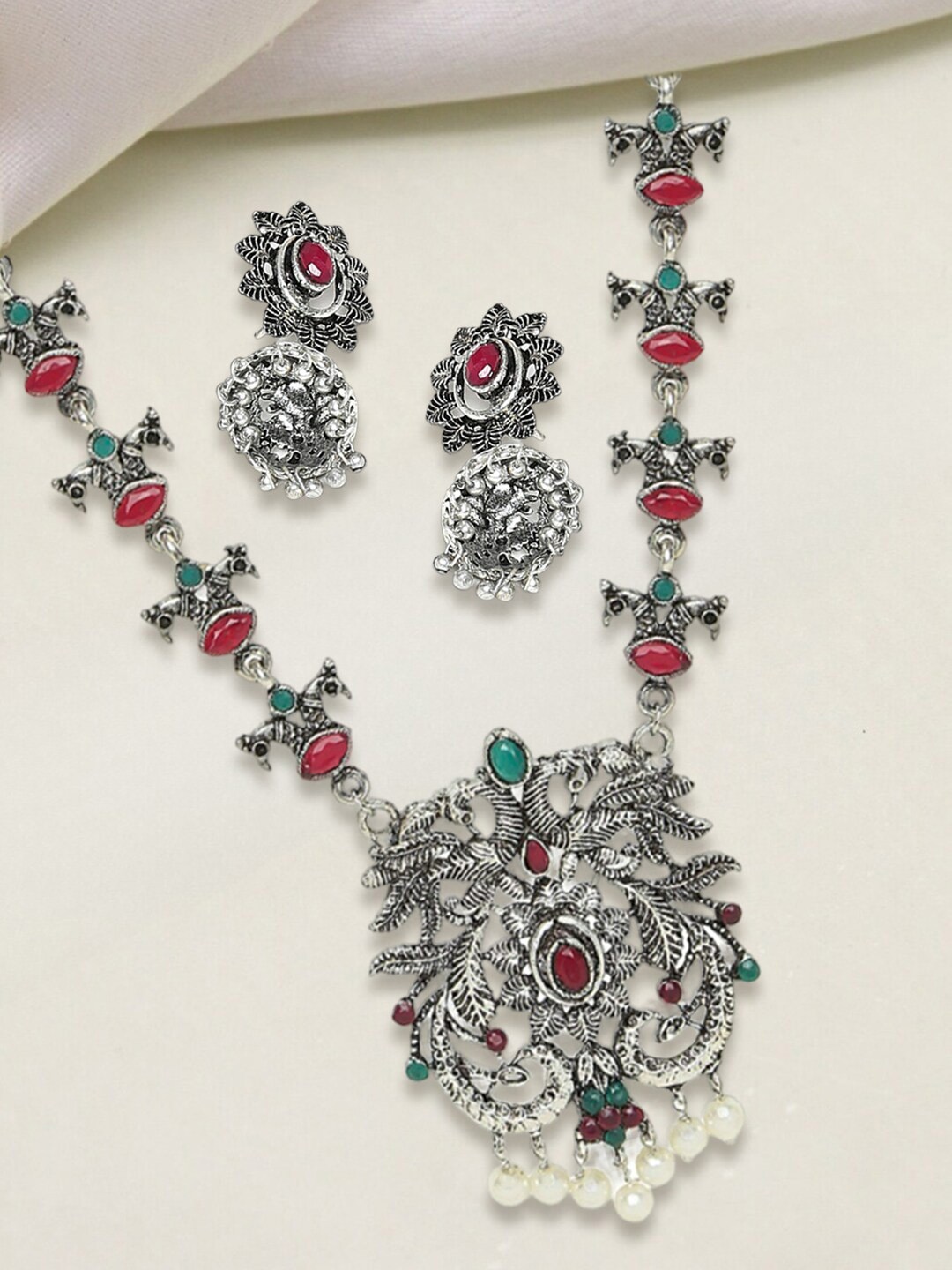 

OOMPH Silver-Plated Oxidised Stone-Studded And Beaded Jewellery Set