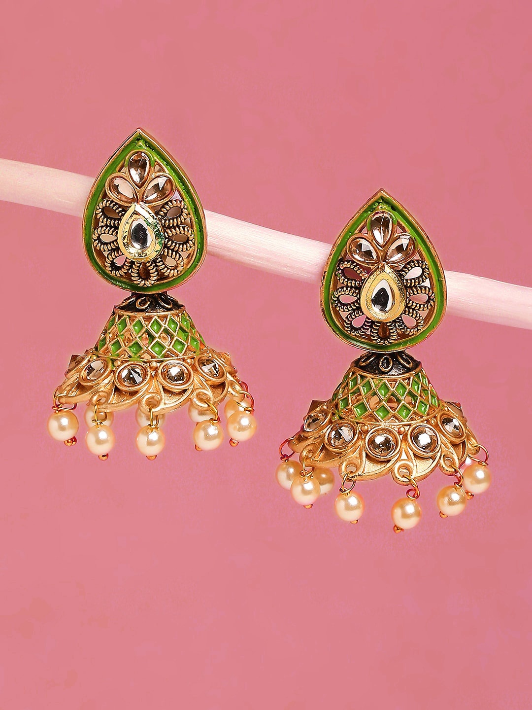 

OOMPH Floral Kundan Meenakari Jhumkas Earrings, Gold