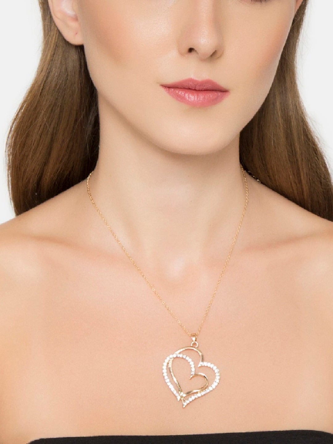 

OOMPH Cubic Zirconia-Studded Heart Shape Pendant Chain, Gold