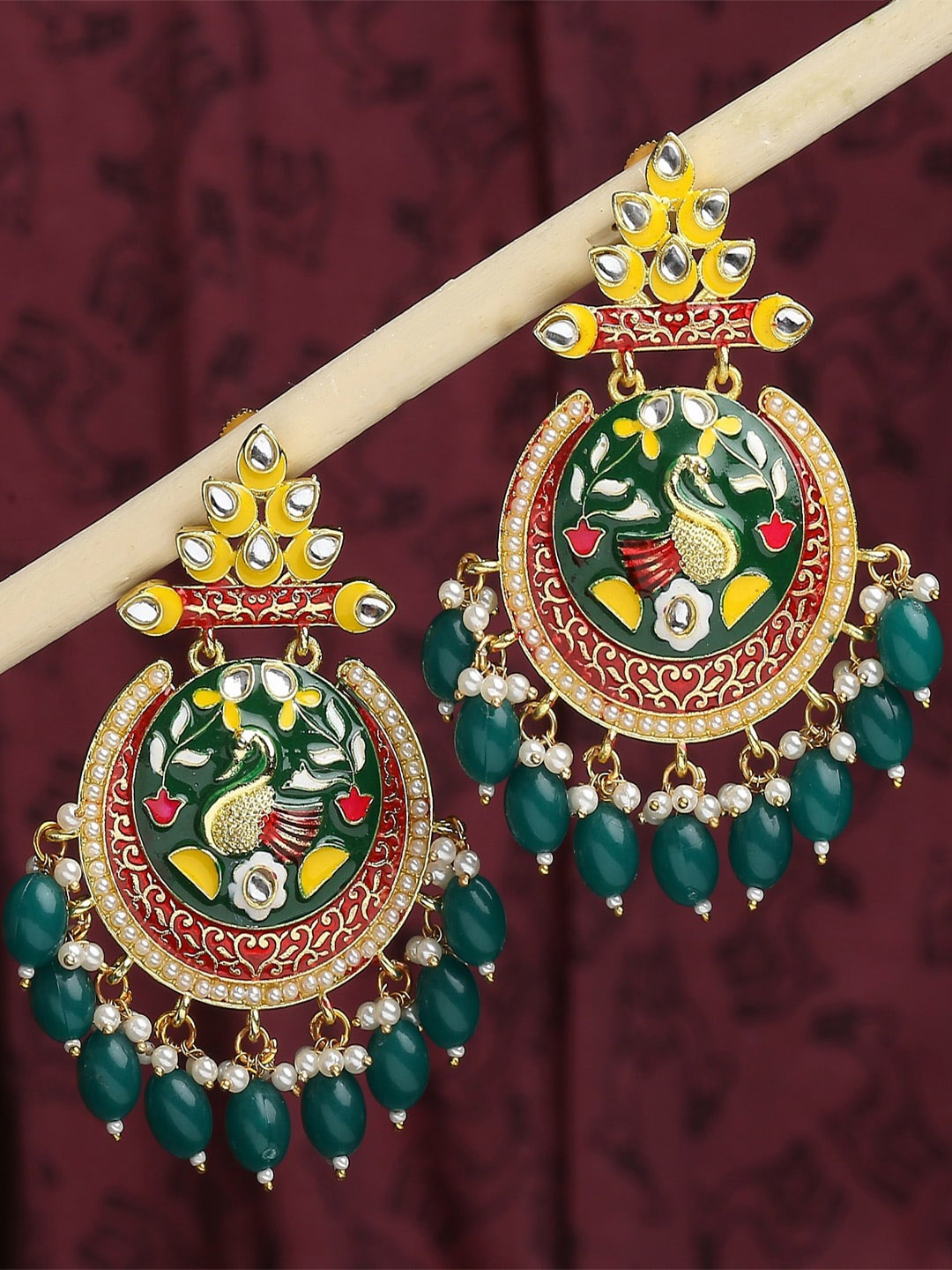 

OOMPH Peacock Shaped Meenakari Chandbalis Earrings, Gold