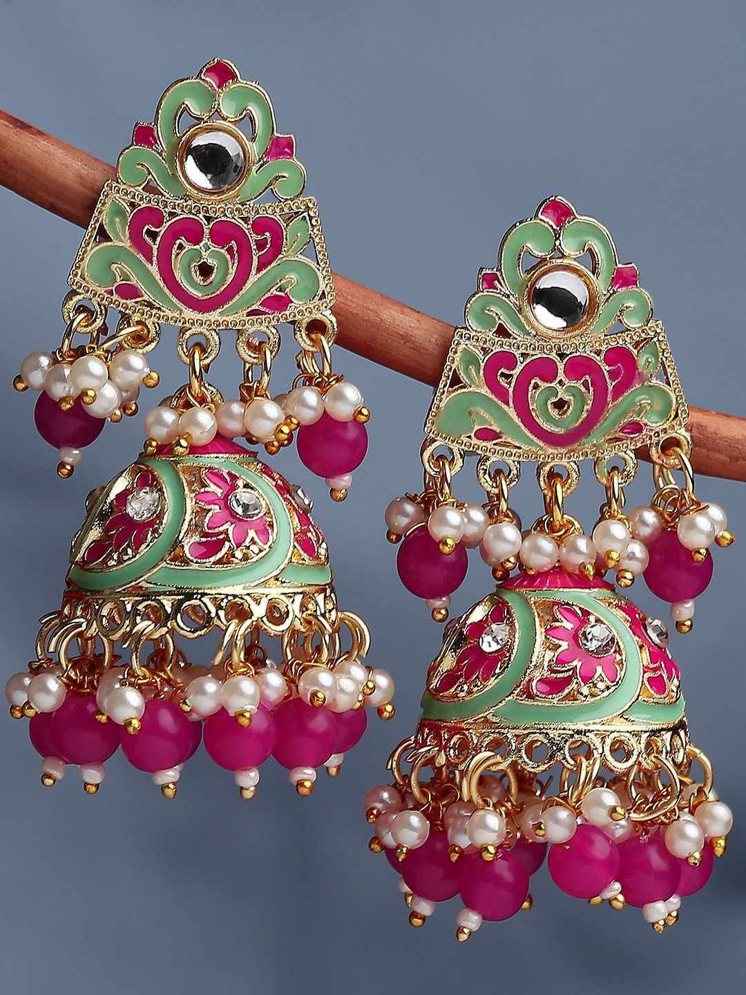 

OOMPH Floral Meenakari Jhumkas Earrings, Gold