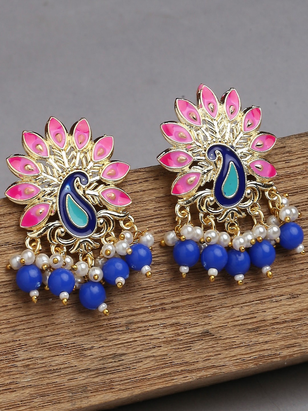 

OOMPH Peacock Shaped Meenakari Jhumkas Earrings, Gold