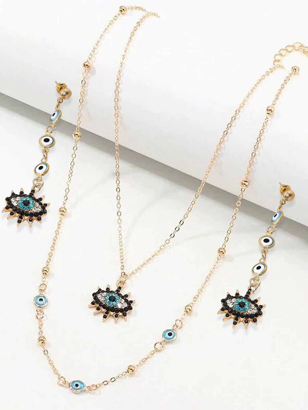 

OOMPH Crystal-Studded & Beaded Evil Eye Multi Layer Necklace & Earrings, Gold