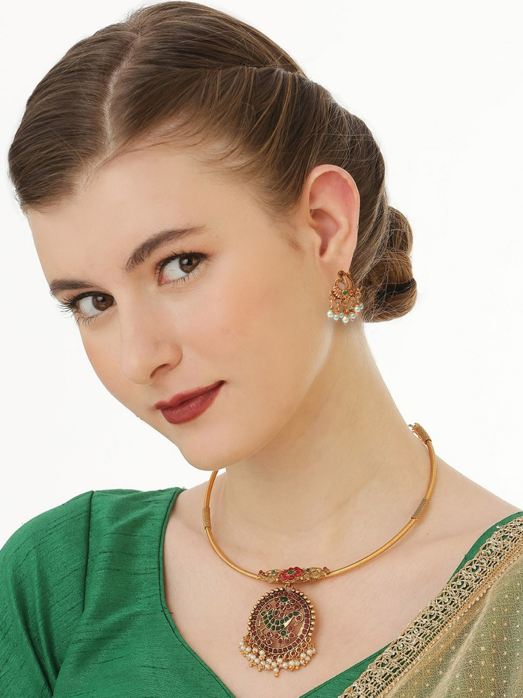 

OOMPH Stone-Studded & Beaded Necklace & Earrings, Gold