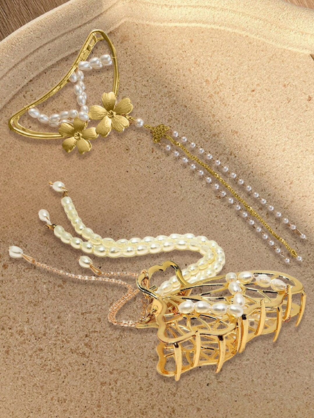 

OOMPH Set of 2 Butterfly Wings Pearl Tassel Claw Clips, Gold