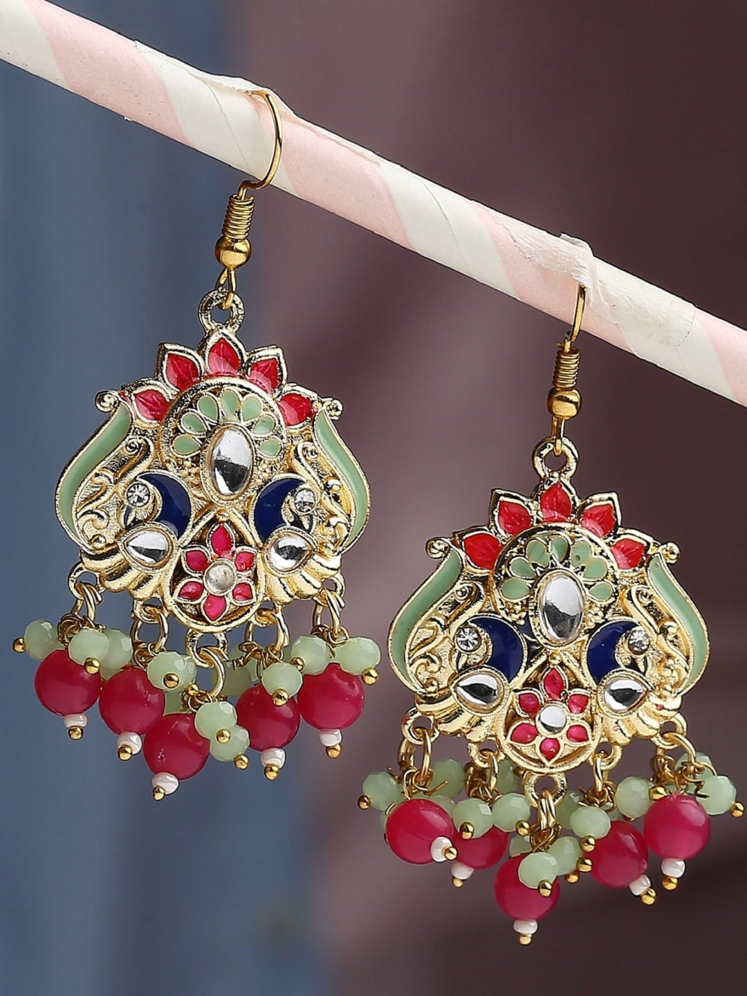 

OOMPH Peacock Shaped Meenakari Drop Earrings, Gold