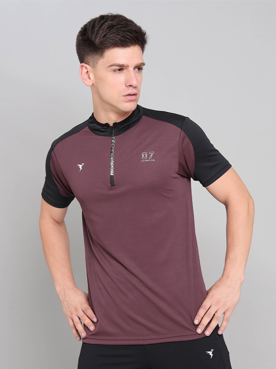 

Technosport High Neck Raglan Sleeves Antimicrobial Slim Fit Sports T-shirt, Burgundy