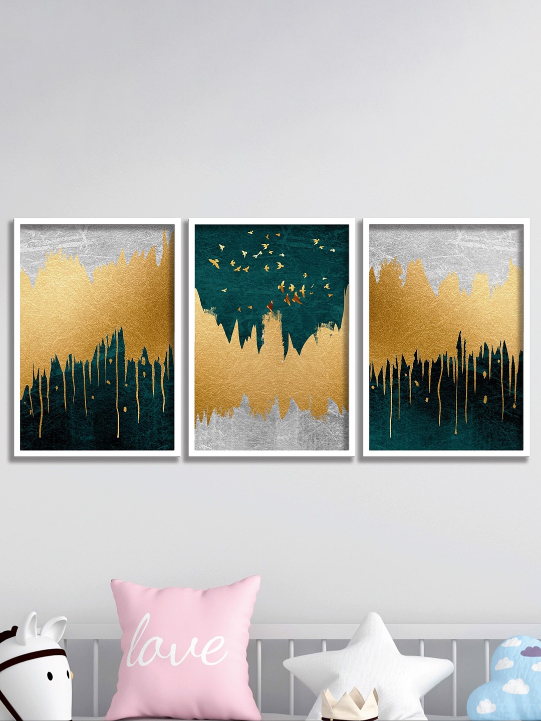 

SAF Green & Yellow 3 Pieces Modern Art-Painted Framed Wall Art
