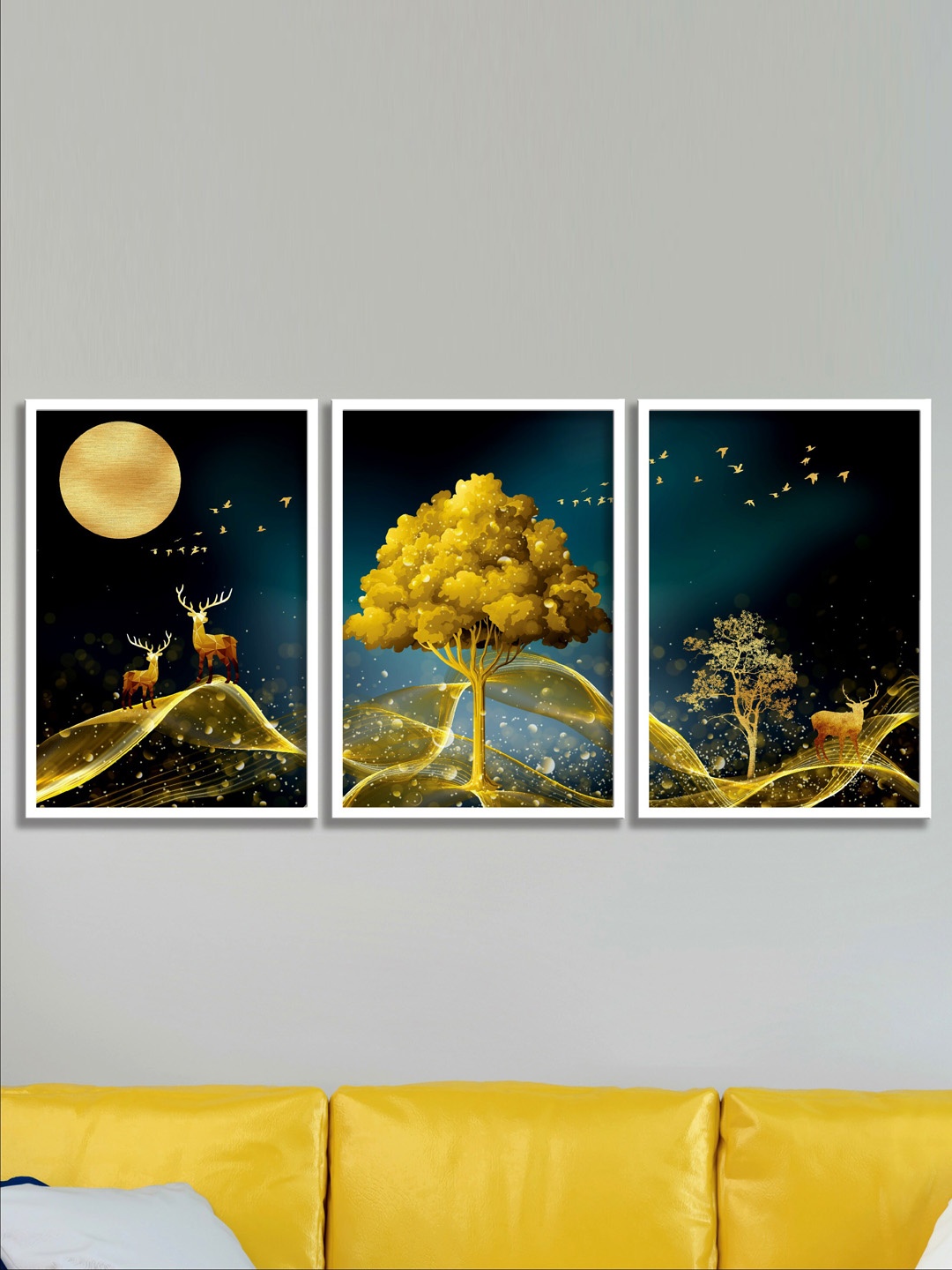 

SAF Blue & Yellow 3 Pieces Modern Art-Painted Framed Wall Art