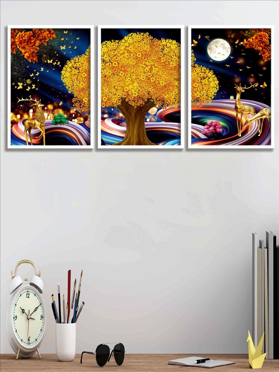 

SAF Blue & Yellow 3 Pieces Modern Art-Painted Framed Wall Art